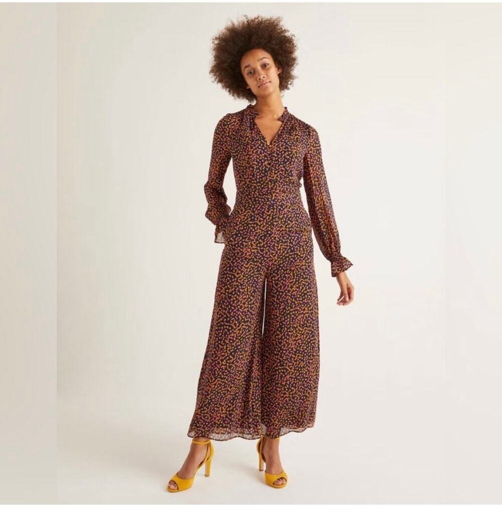Boden Jumpsuit Womens 4 Regular Sarah Frill Wide Leg Tuscan Sun Speckle Chiffon